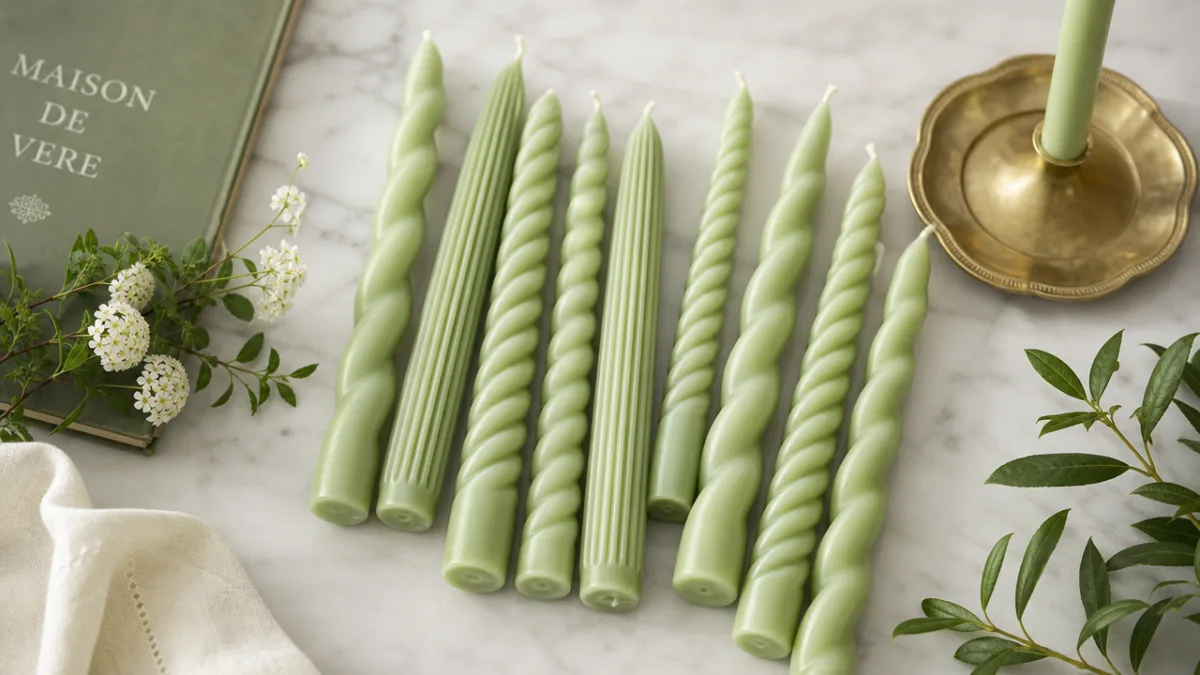 a collection of spring green twisted and ribbed taper candles displayed together…