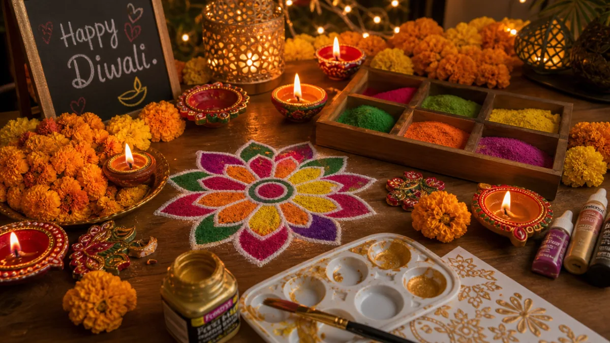 a warmly lit craft table covered with marigold flowers, diyas, gold paint,…