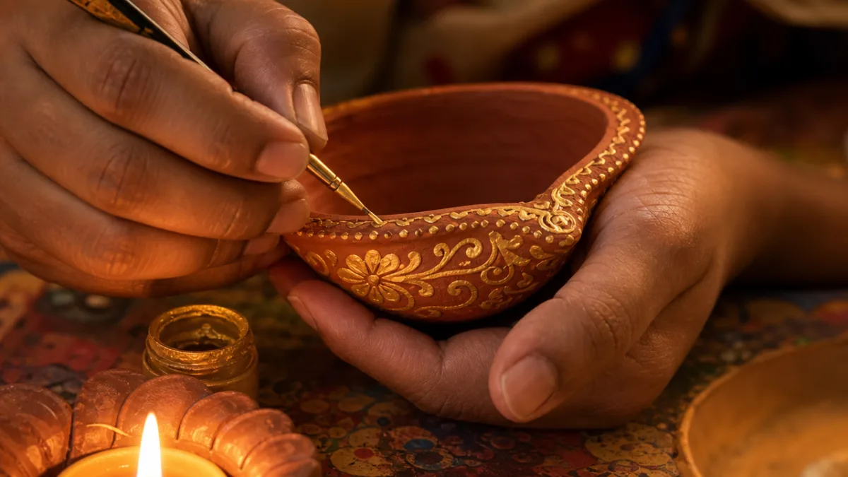 hands carefully painting intricate gold patterns on a terracotta diya, warm candlelight…