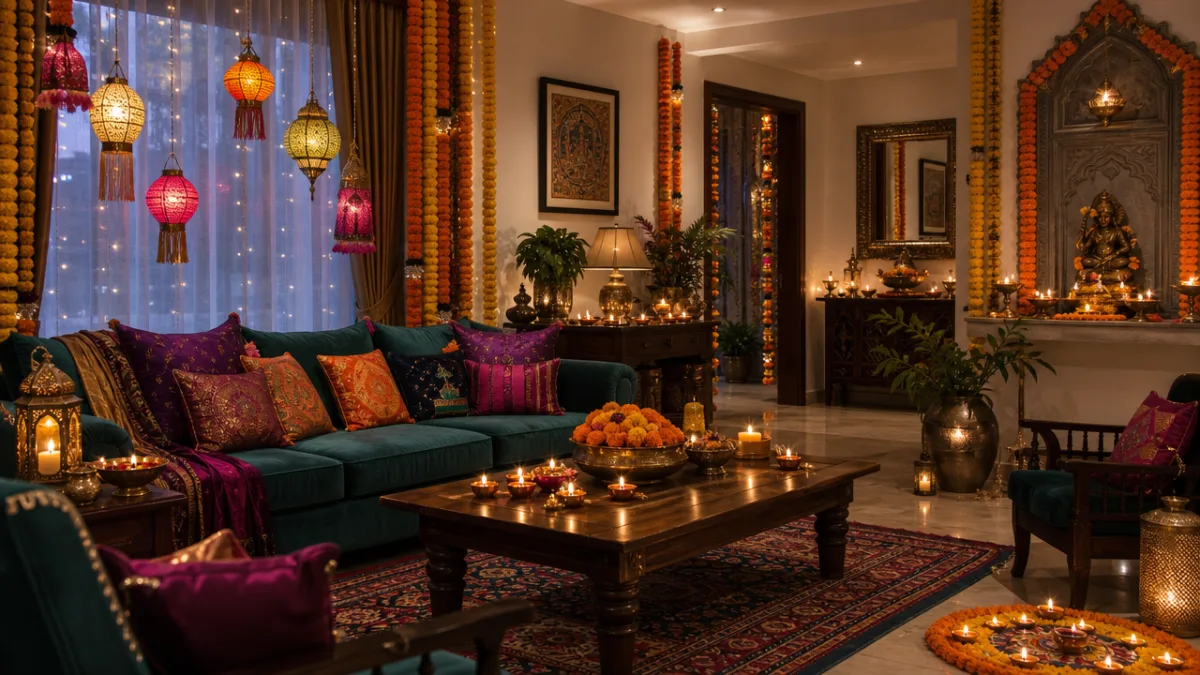 a beautifully decorated living room with Diwali lanterns, marigold garlands, and glowing…