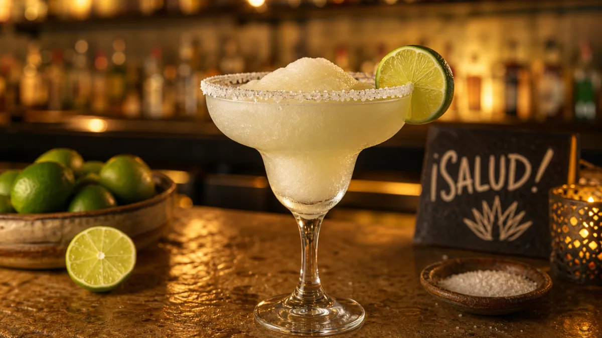 a frosty margarita cocktail on a salt-rimmed glass with lime garnish, warm…
