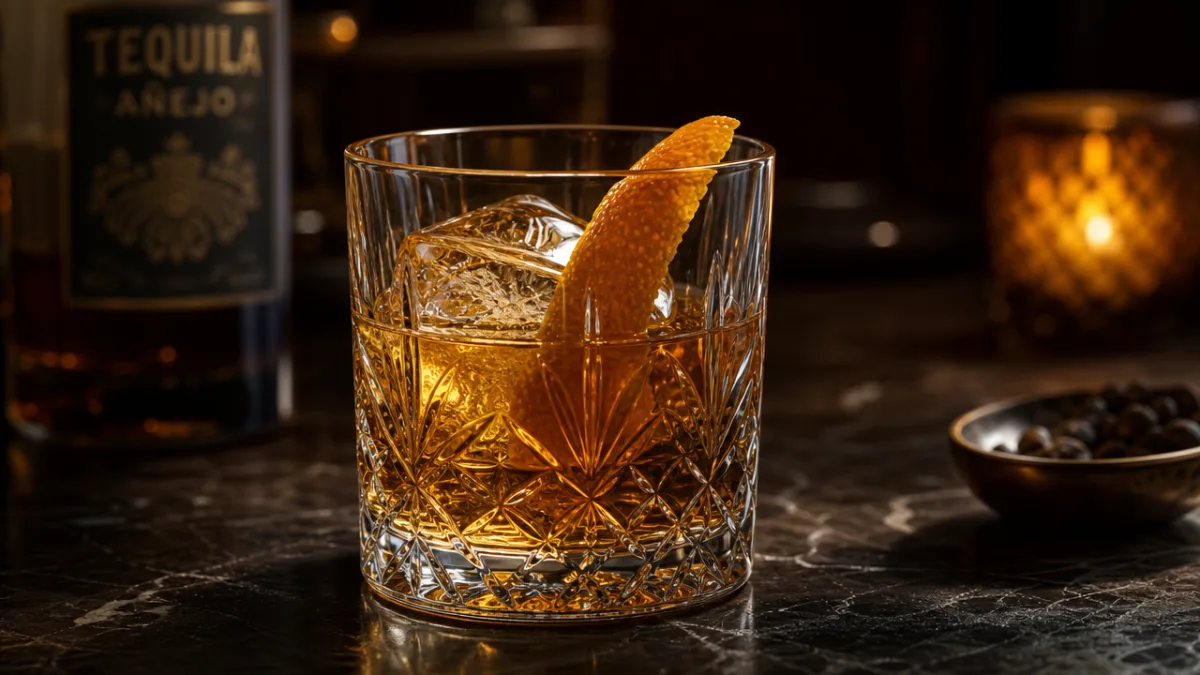 an elegant tequila old fashioned cocktail in a crystal rocks glass, moody…