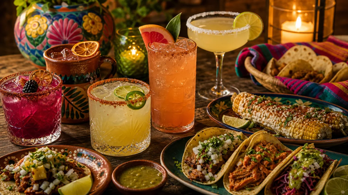 a vibrant spread of tequila cocktails with Mexican street food on a…