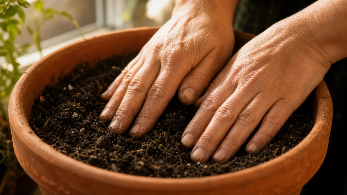 close-up of hands gently pressing into rich dark soil in a terracotta…