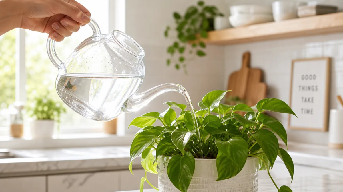 a glass watering can pouring clear water into a lush green houseplant,…