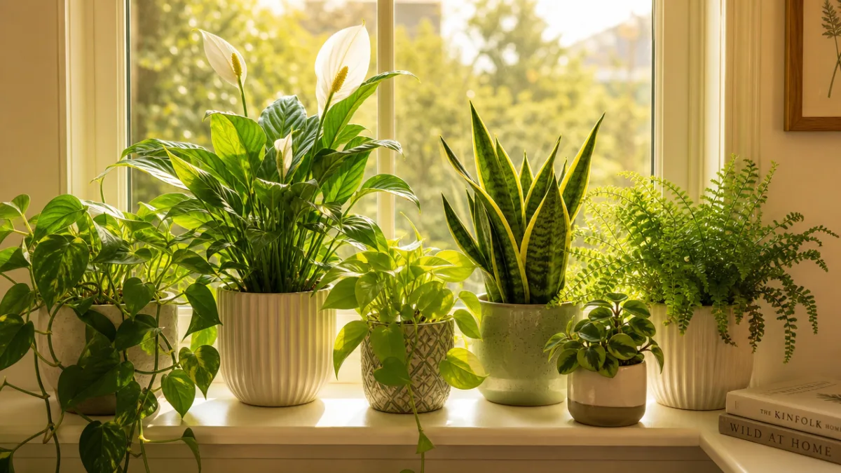 a collection of healthy vibrant houseplants on a sunlit windowsill, warm golden…