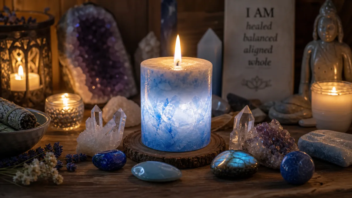 a glowing blue and white candle on a wooden altar surrounded by…