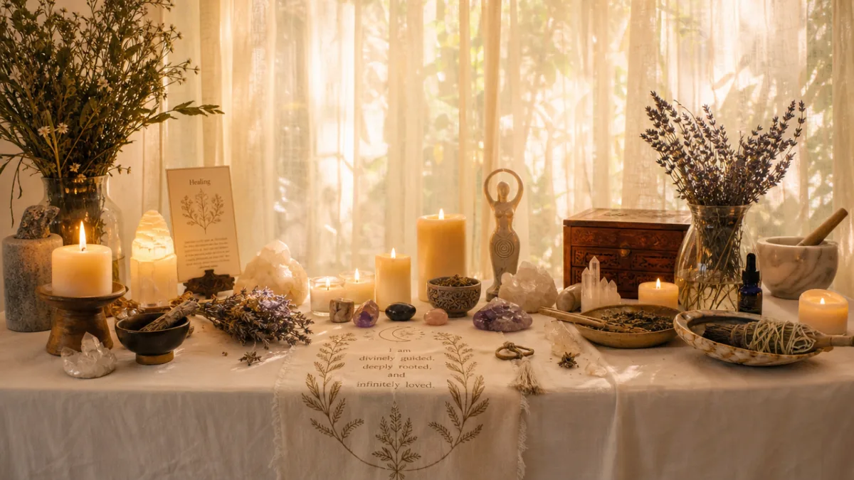 a peaceful healing altar with white cloth, candles, herbs and crystals, warm…