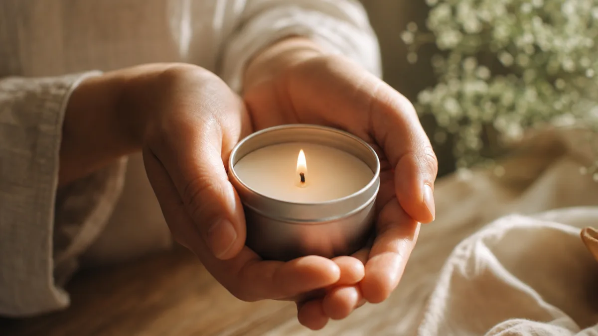 close-up of hands gently holding a small tin candle, soft natural light…