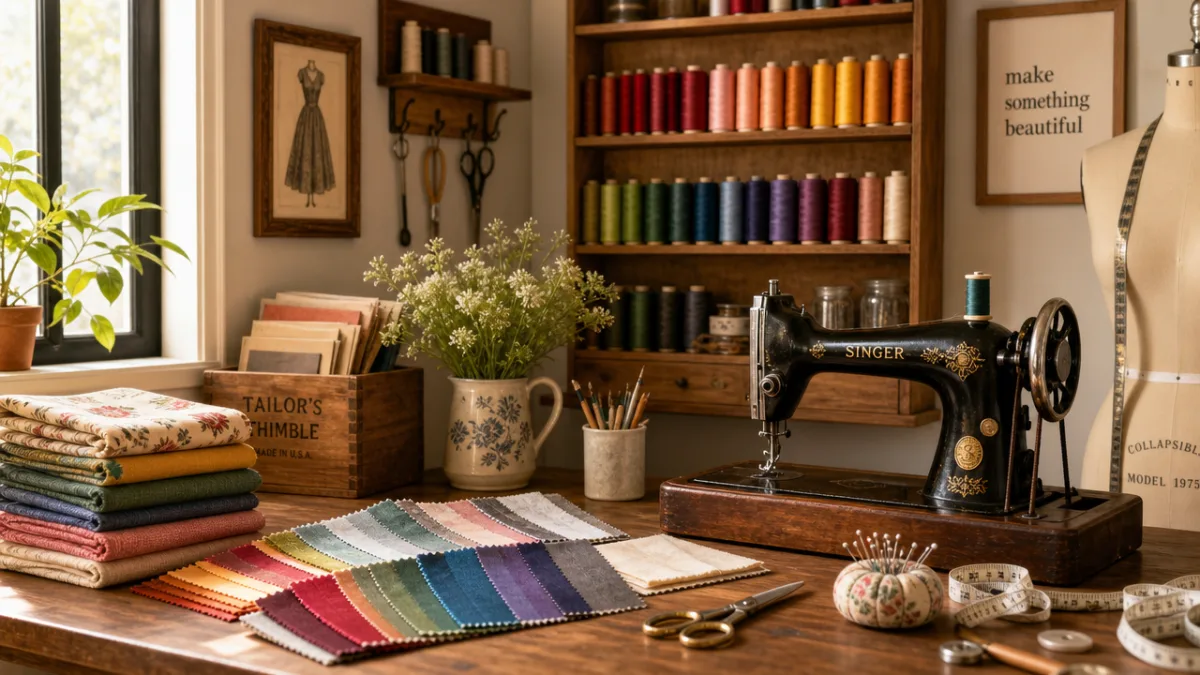 a neatly organized sewing workspace with colorful fabric swatches, thread spools, and…