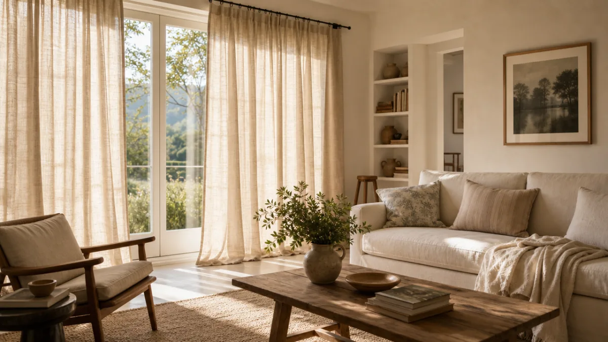 a sunlit living room with beautifully sewn linen curtains, soft diffused afternoon…