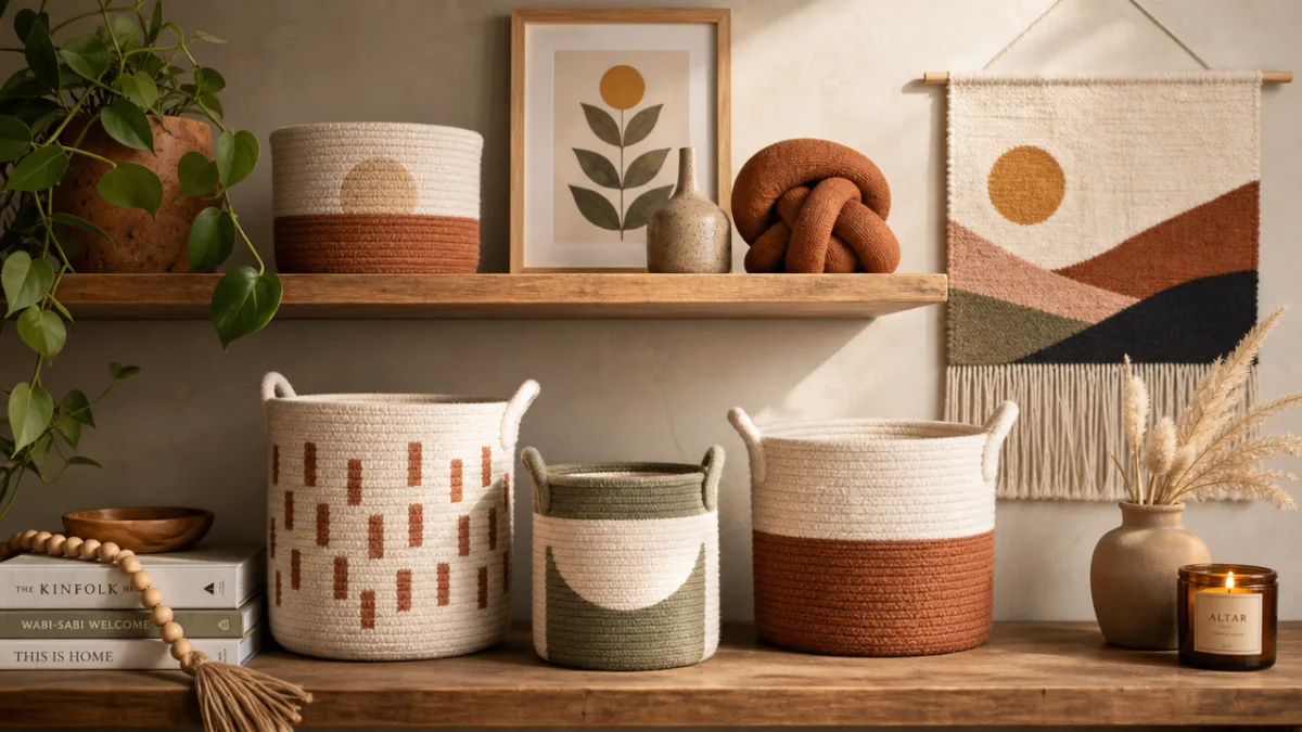 a styled shelfie showing handmade fabric baskets, textile wall art, and decorative…