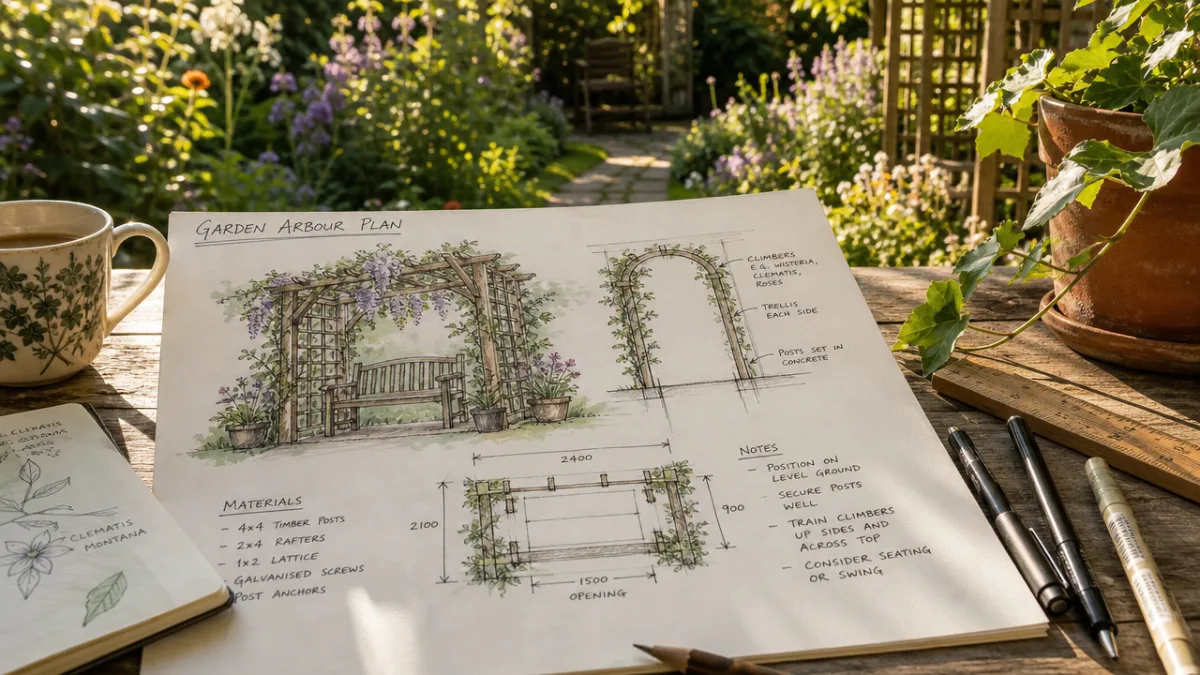 a hand-drawn garden arbour plan on paper beside a sunny garden, warm…