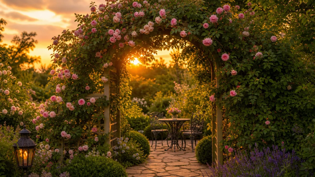 a completed garden arbour draped in climbing roses and lush green foliage,…