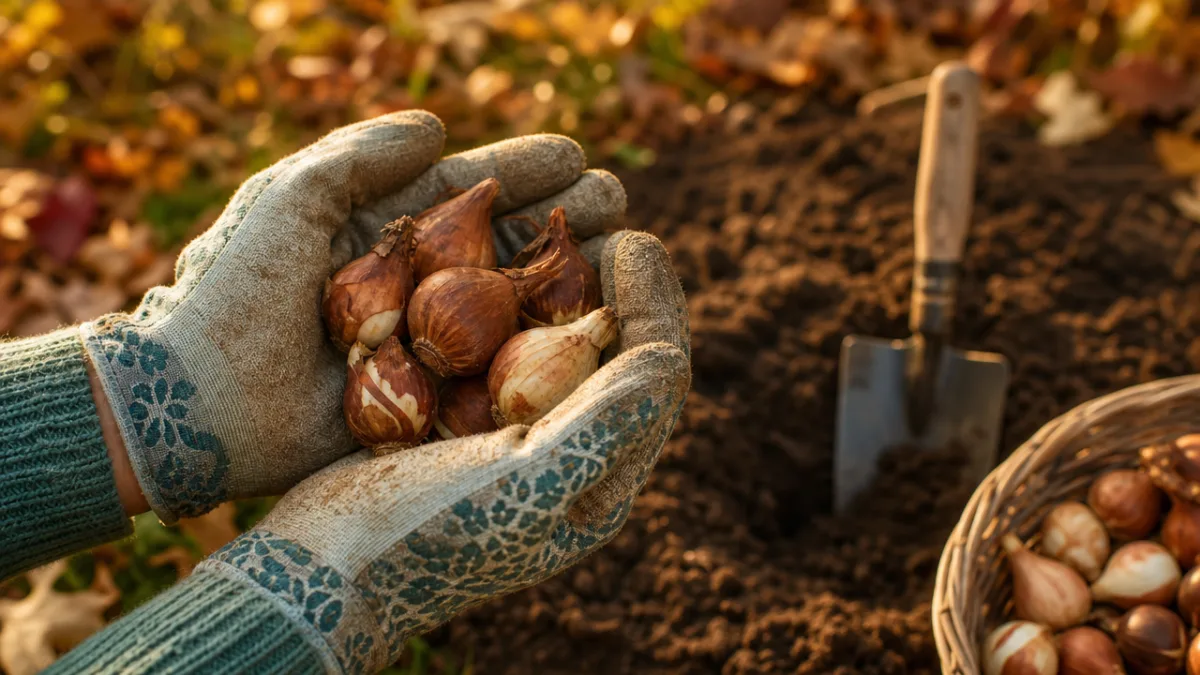 a pair of gardening gloves holding tulip bulbs near freshly dug autumn…