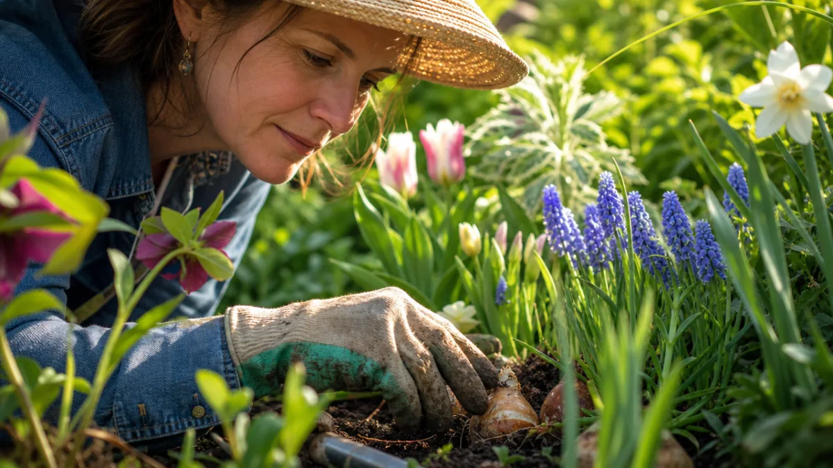 close-up of gardener carefully tending spring bulb bed surrounded by lush green…