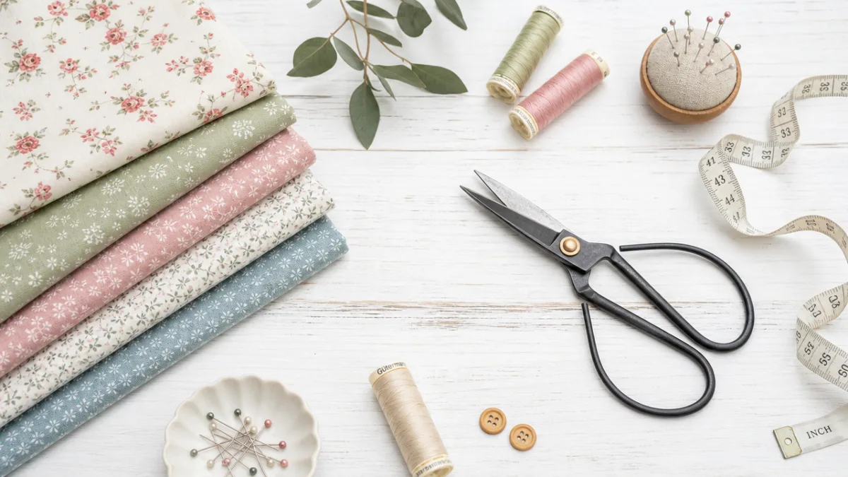 a flat lay of sewing materials including folded fabric, scissors, thread spools,…