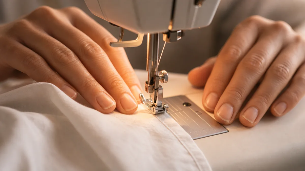 a pair of hands sewing white cotton fabric on a sewing machine,…
