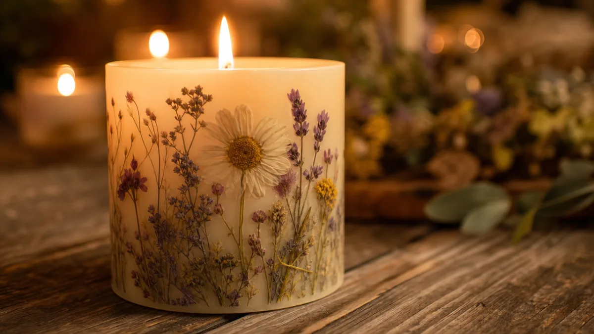 a close-up of a pressed wildflower unity candle on a rustic wooden…
