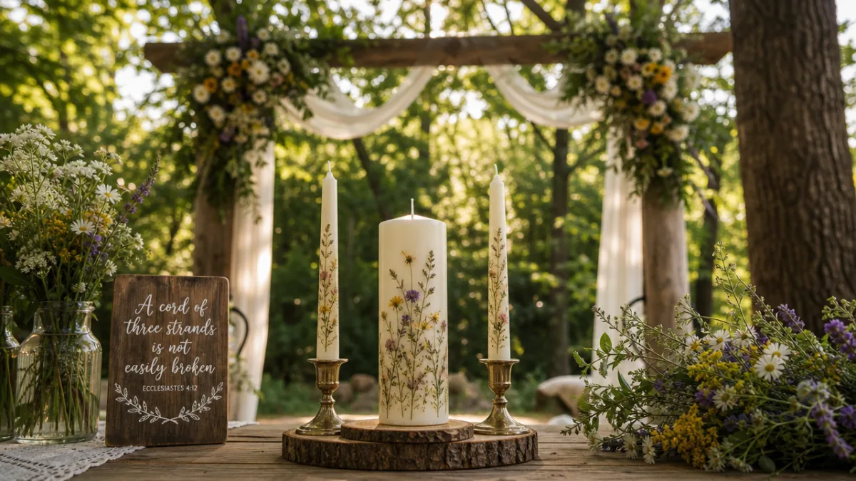 a rustic outdoor wedding altar with wildflower unity candle set, dappled sunlight…