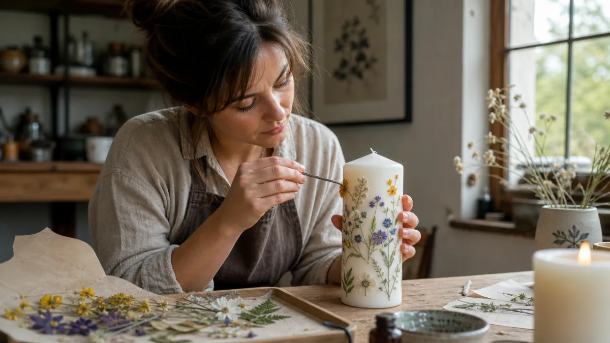 a craftsperson carefully arranging pressed wildflowers on a white pillar candle, natural…