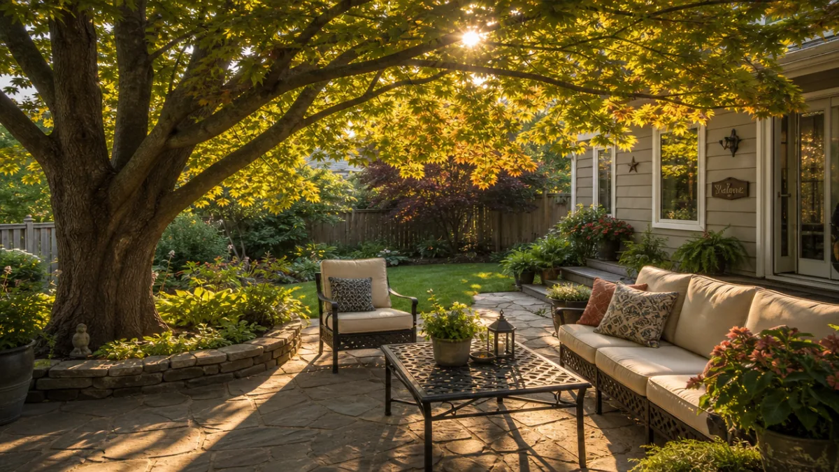 a sunlit backyard patio beneath a broad-canopied maple tree, warm golden afternoon…