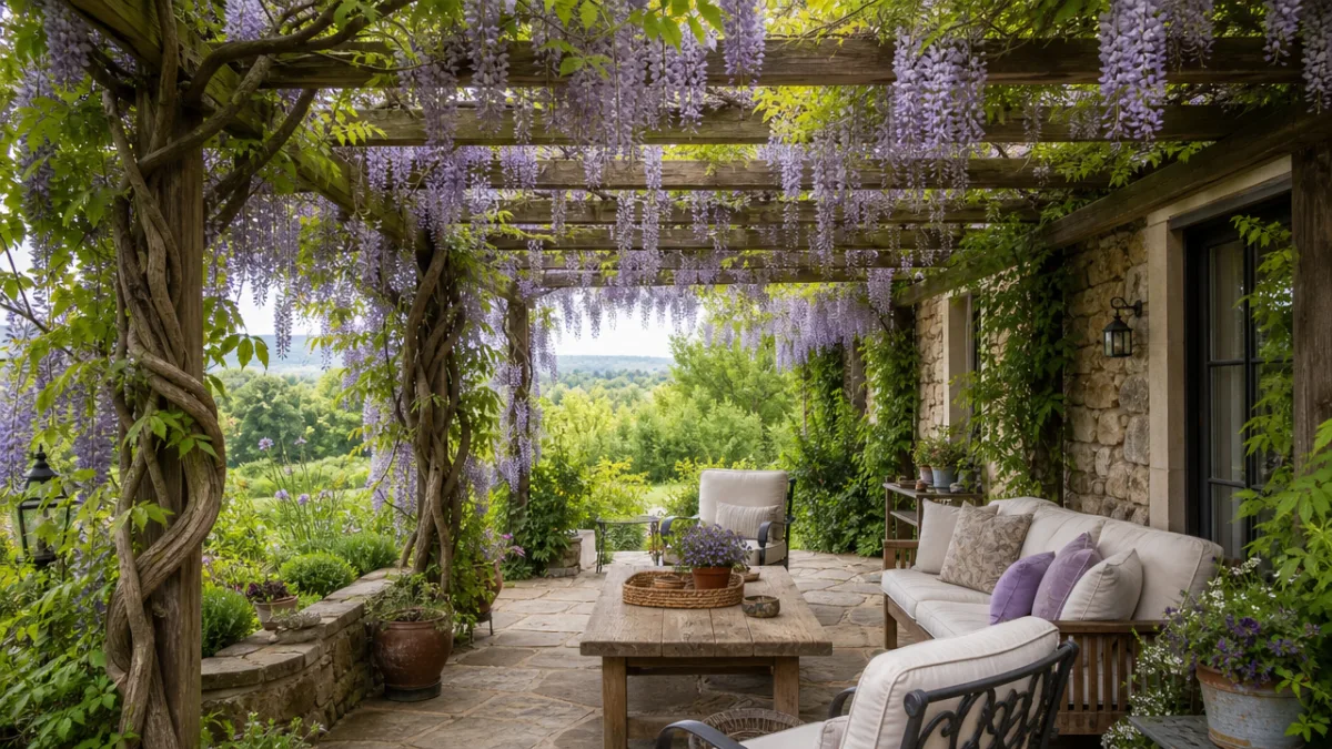 a rustic wooden pergola covered in lush green wisteria vines, soft diffused…