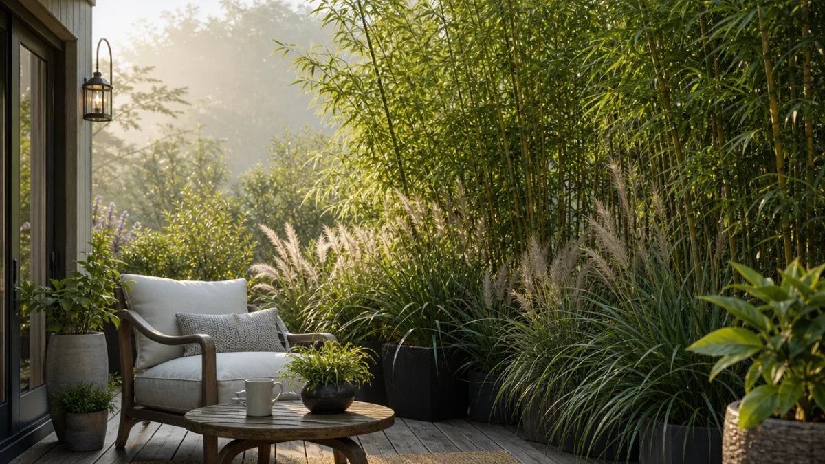 a cozy deck garden with container bamboo and ornamental grasses creating a…