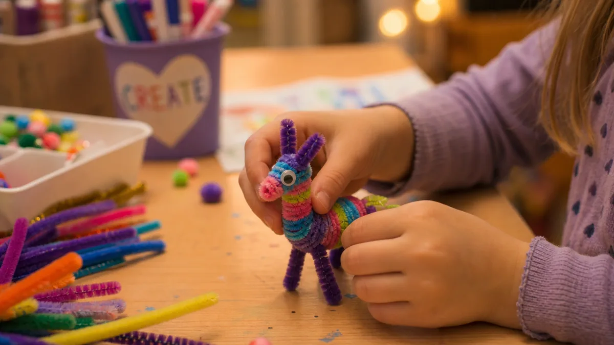 a child's hands carefully shaping a colorful pipe cleaner animal at a…