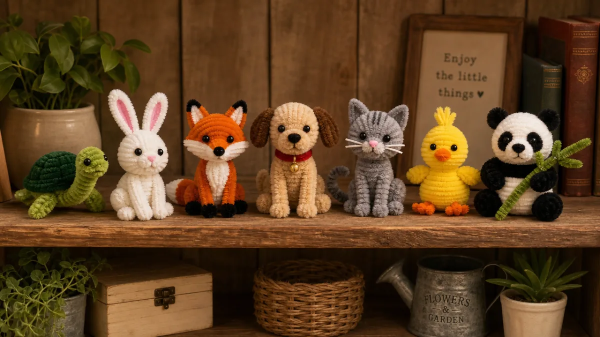 a collection of finished pipe cleaner animals arranged on a rustic wooden…