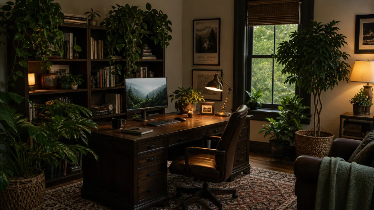 a cozy home office with dark wood desk, multiple lush green shade…