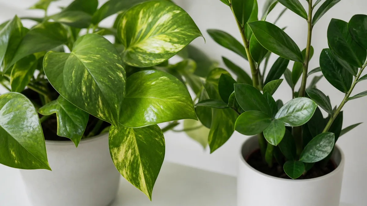 close-up of healthy green pothos and ZZ plant leaves on a white…