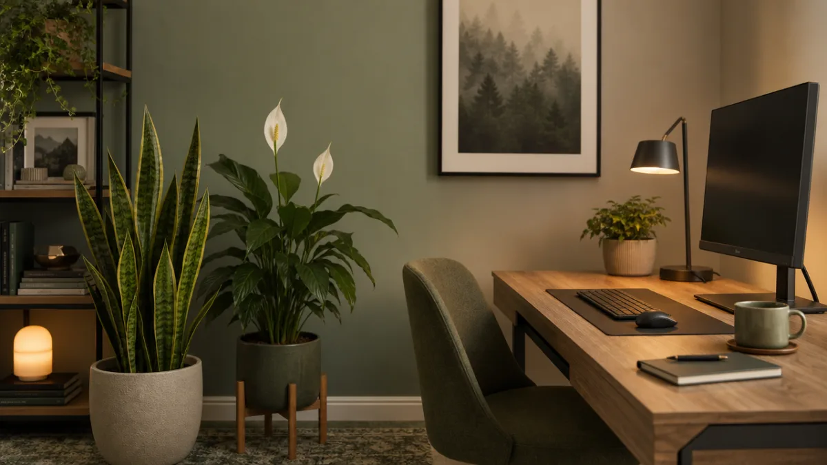 a serene home office corner with snake plant and peace lily, diffused…