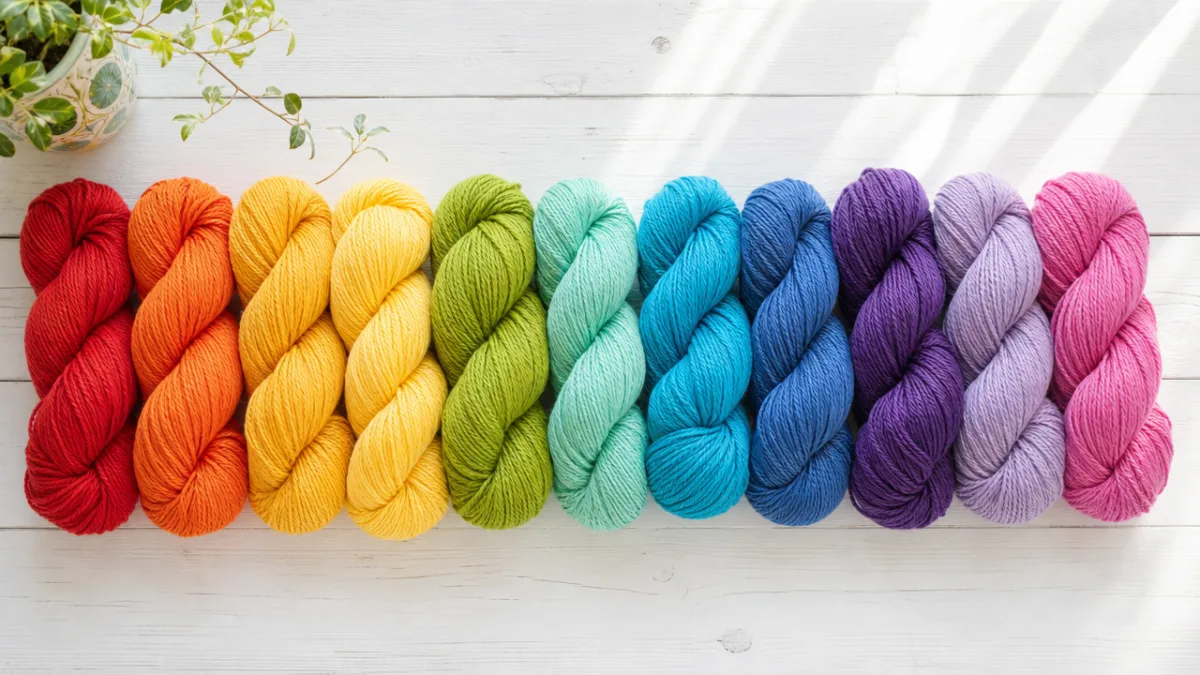 a flat lay of vibrant crochet yarn skeins arranged in a rainbow…