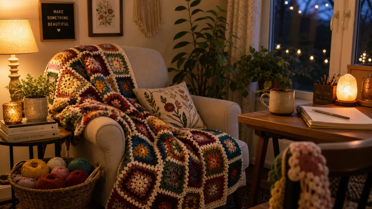 a cozy home studio corner with colorful Crochet Blanket draped over armchair,…