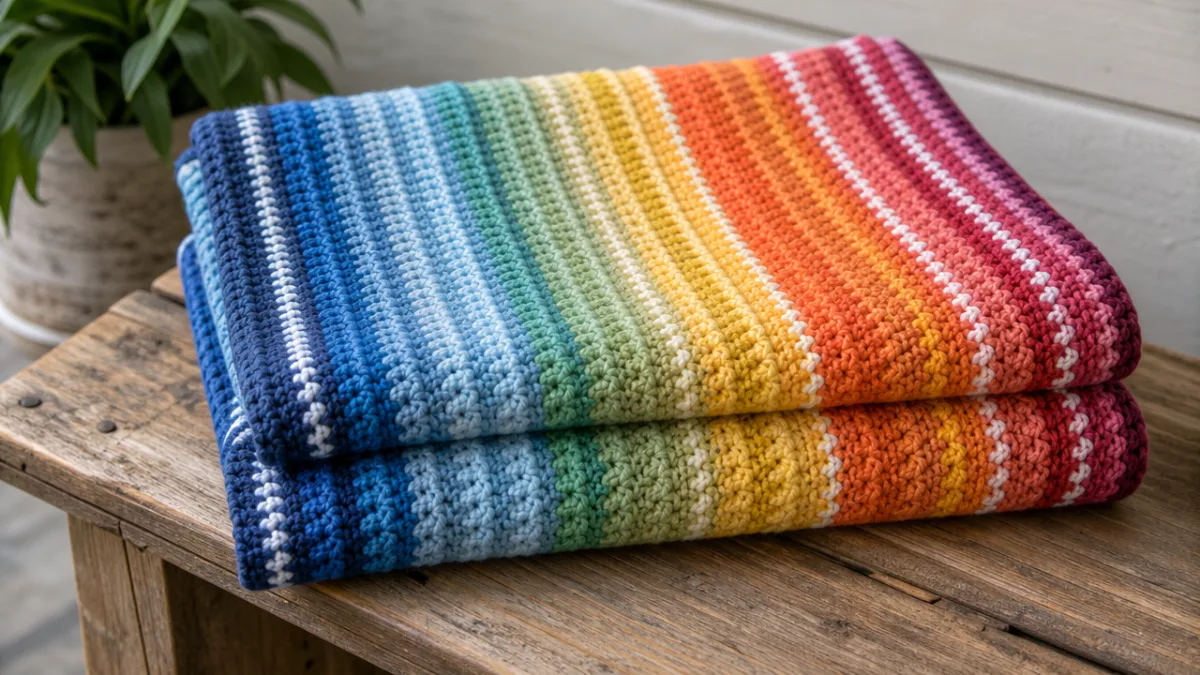 a finished colorful crochet temperature blanket folded neatly on a rustic wooden…