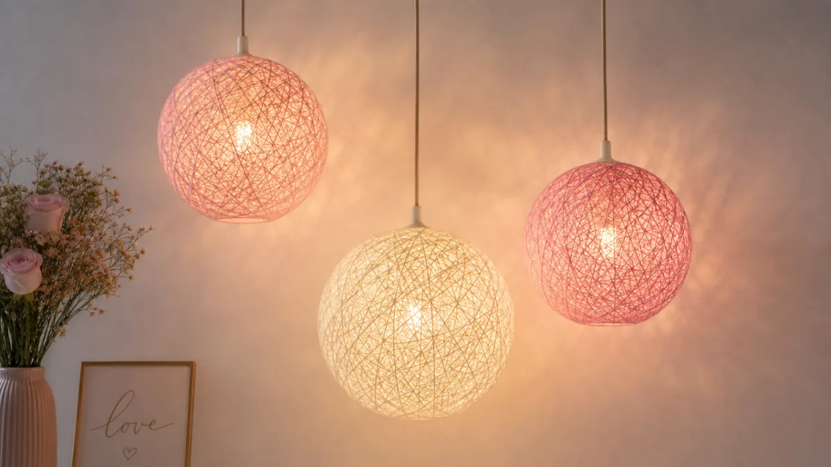 a collection of three glowing yarn ball lamps in pink and cream…