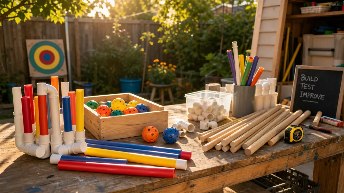 a sunlit backyard workbench covered with colorful PVC pipes, wooden dowels, and…
