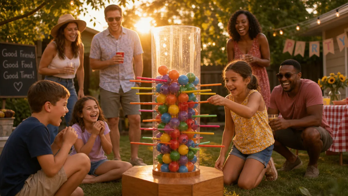 a lively backyard party with children and adults playing giant Kerplunk, golden…