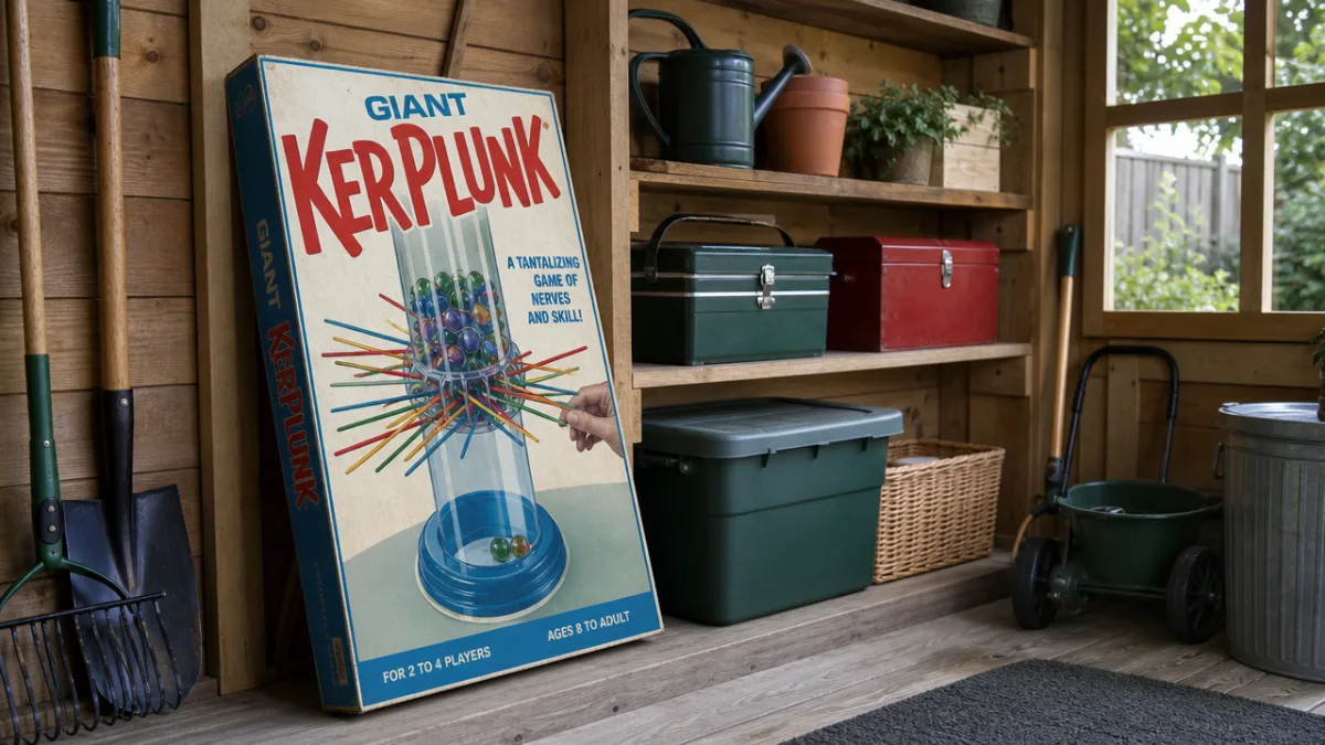 a neatly stored giant Kerplunk game leaning against a wooden fence in…
