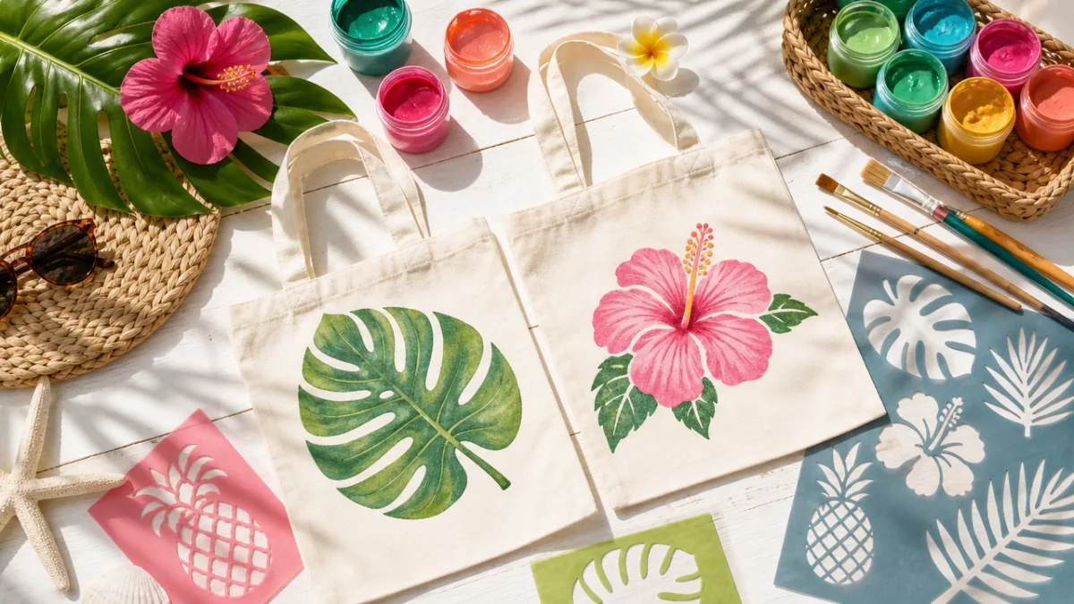 a flat lay of tropical craft supplies including canvas tote bags, vibrant…
