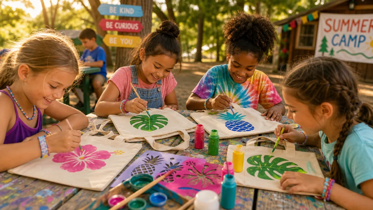 children at a sunny outdoor summer camp table painting tropical stencil designs…
