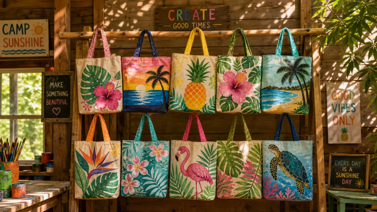 a colorful display of finished tropical tote bags hanging on a wooden…