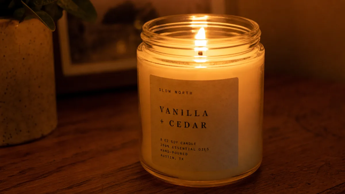 a close-up of a lit soy candle in a glass jar on…