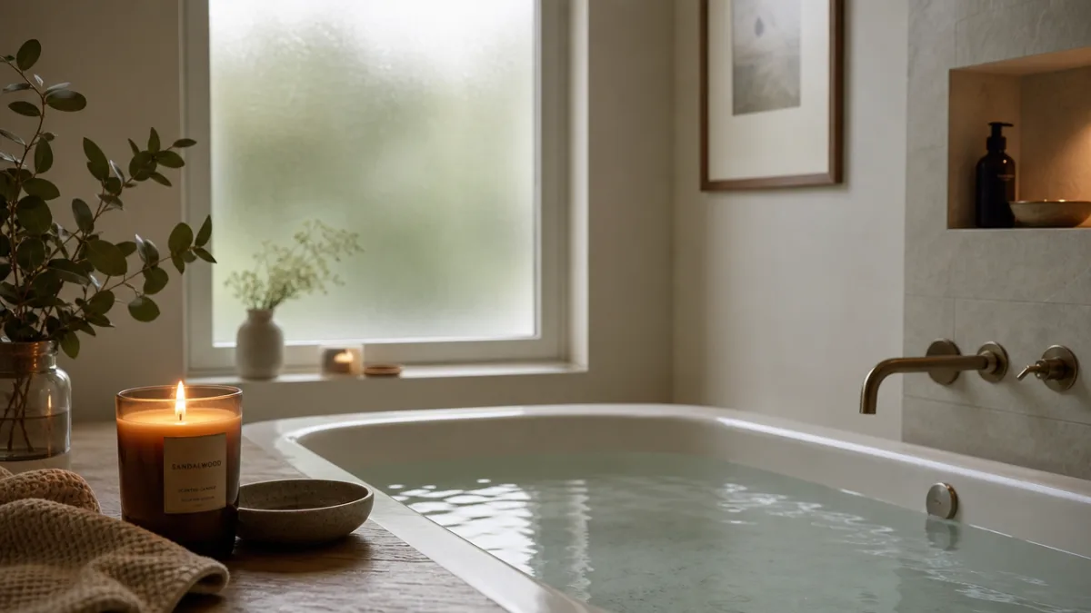 a serene bathroom setting with a candle glowing beside a bath filled…