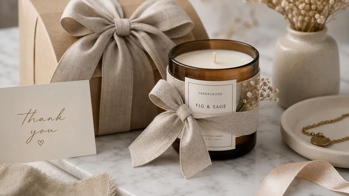 a styled gift setting with a candle jar wrapped in linen ribbon…