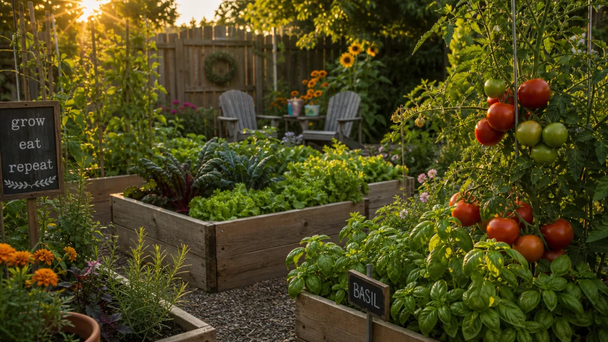a lush backyard vegetable garden with raised wooden beds, ripe tomatoes and…