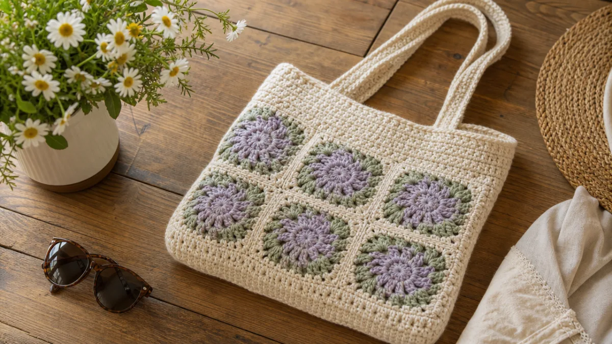 a finished handmade crochet tote bag styled on a wooden table beside…