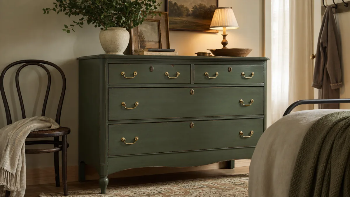 a beautifully upcycled vintage wooden dresser painted in deep sage green with…