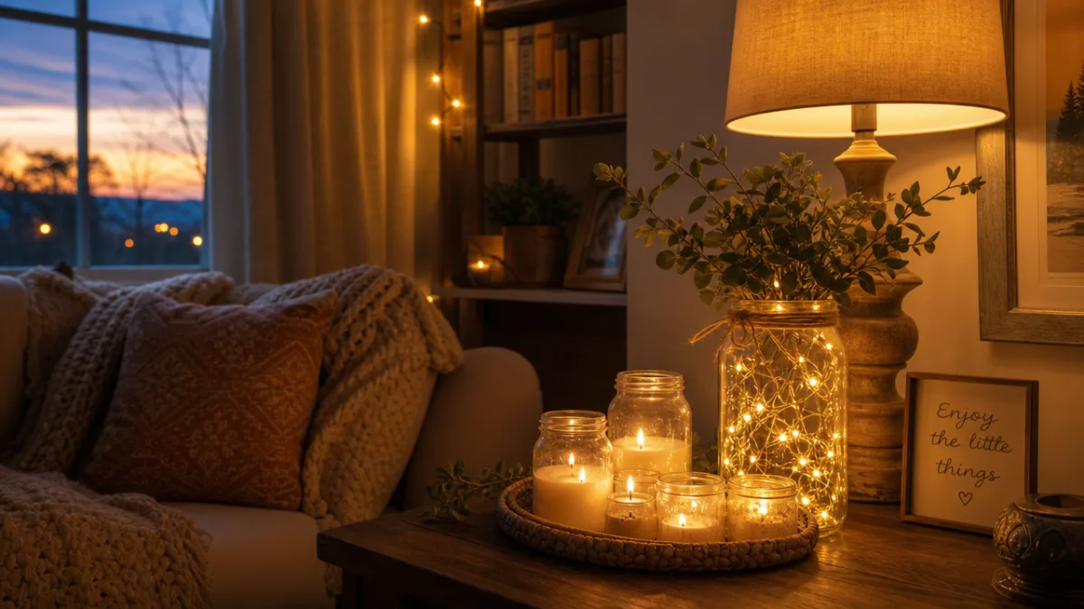 a cozy living room corner with clustered glass jar candles, string lights…